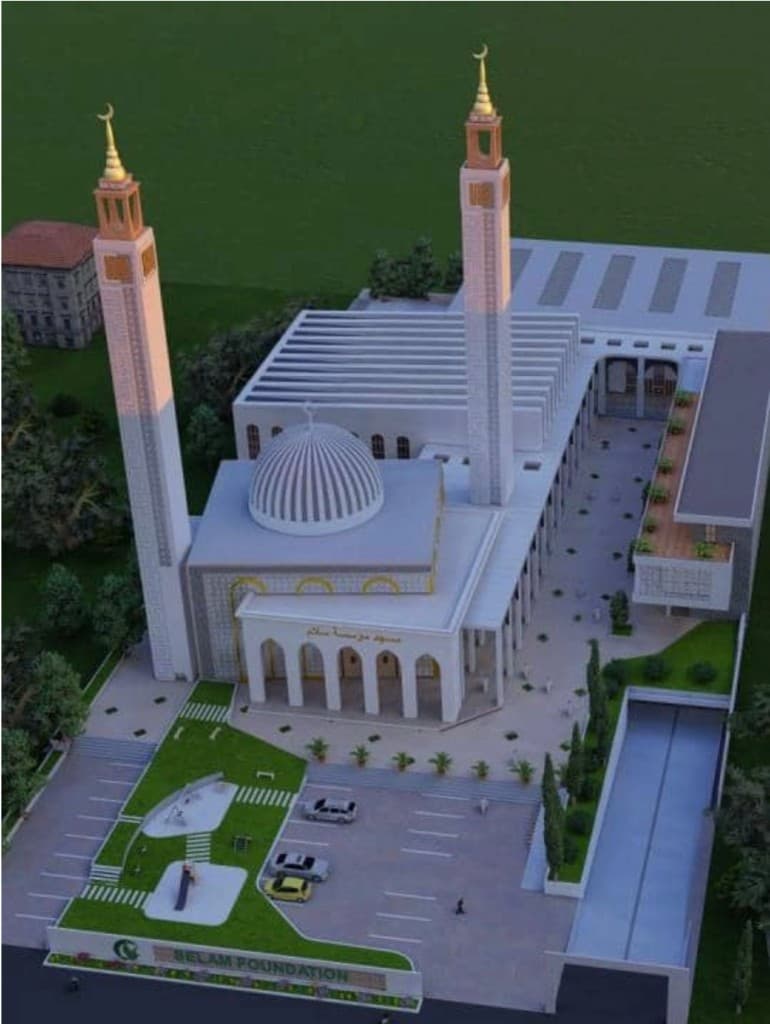 Aerial rendering of the future Selam Foundation masjid and community center with dome, minarets, and grounds